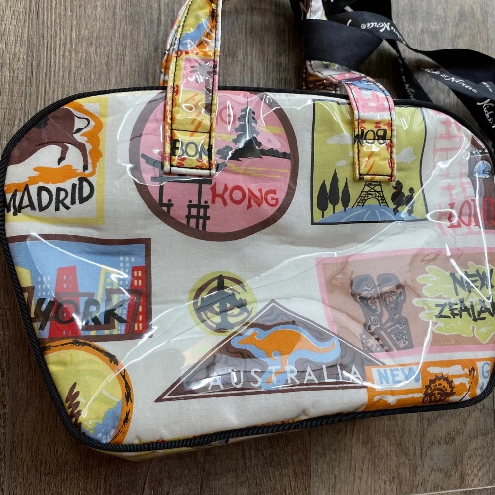 Nick & Nora Travel Stamp Print Cosmetic Bag Vinyl World Tour Multicolor Ribbon